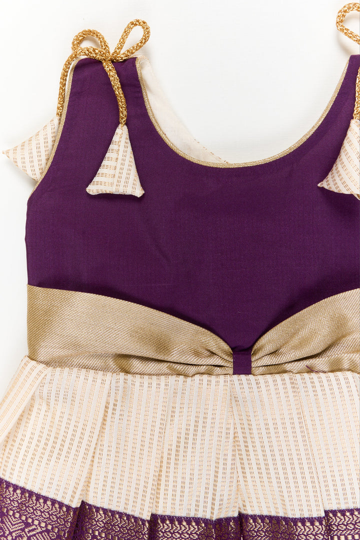 The Nesavu Girls Kanchi Silk Frock Girls Kanchi Silk Frock for Festive Weddings and Receptions Nesavu Nesavu girls kanchi silk frock for weddings in semi designer kanchivaram saree inspired style