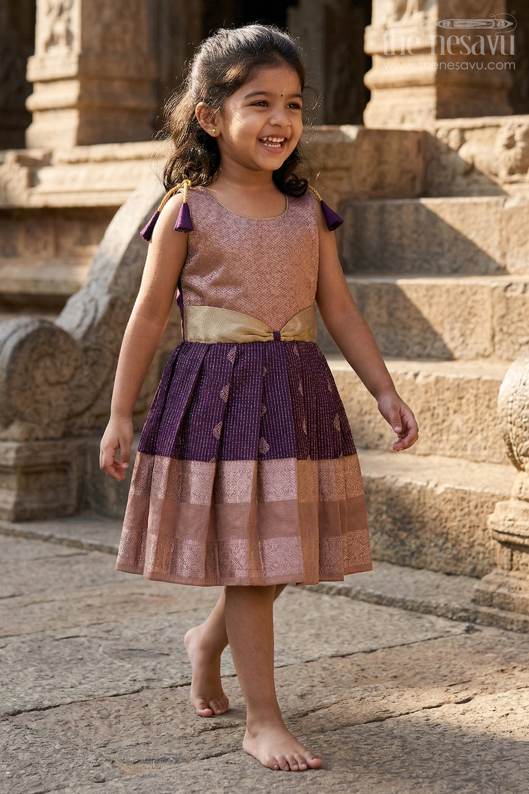 The Nesavu Girls Kanchi Silk Frock Girls Kanchi Silk Frock for Receptions and Festivals Nesavu Nesavu girls kanchi silk frock for wedding receptions in semi bridal kanchivaram silk style