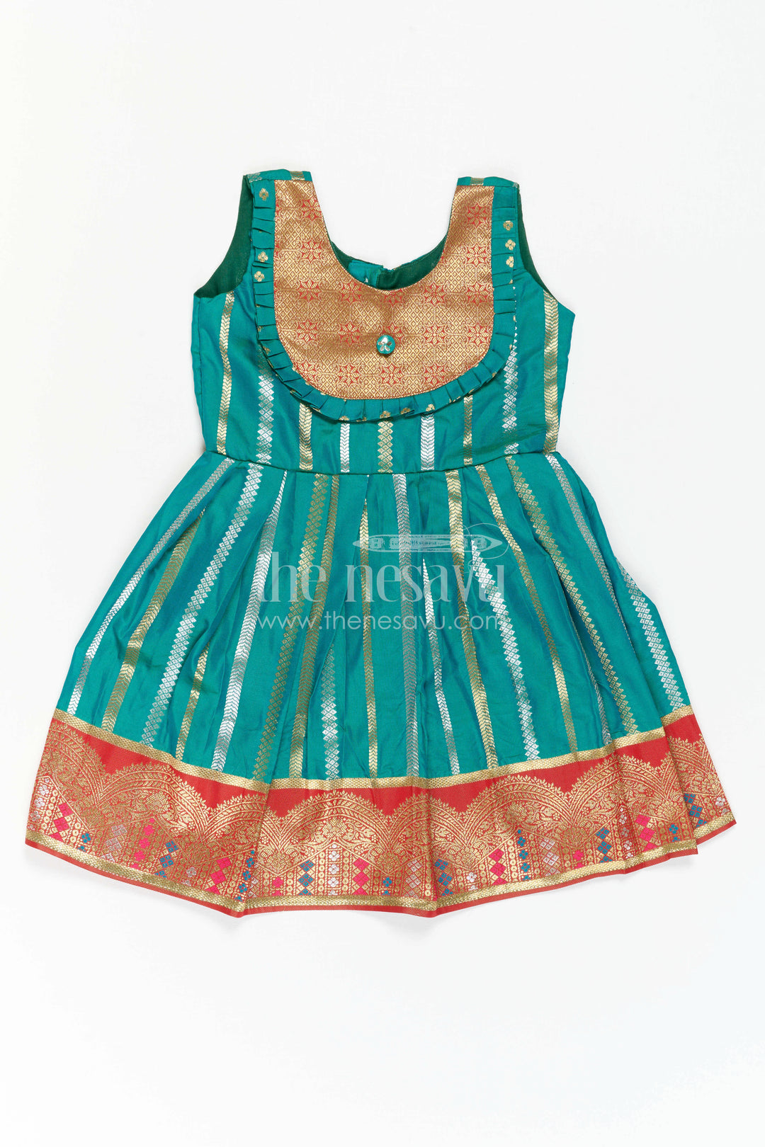 The Nesavu Girls Kanchi Silk Frock Girls Kanchi Silk Frock for Temple Festivals and Family Celebrations Nesavu 20 (3Y) / Green / Style 2 KSF046EB-20 Nesavu Girls Kanchi Silk Frock With Grand Traditional Border For Festivals And Family Occasions