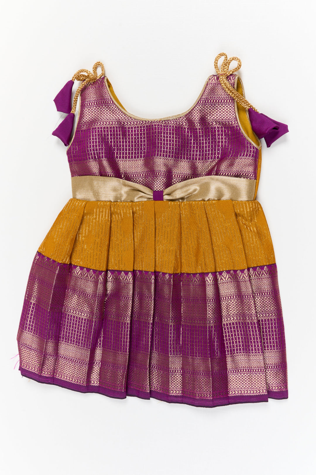 The Nesavu Girls Kanchi Silk Frock Girls Kanchi Silk Frock for Temple Festivals and Weddings Nesavu 10 (NB) / Gold / Style 4 KSF031BD-10 Nesavu girls kanchi silk frock for temple festivals in semi temple wear kanchivaram silk design