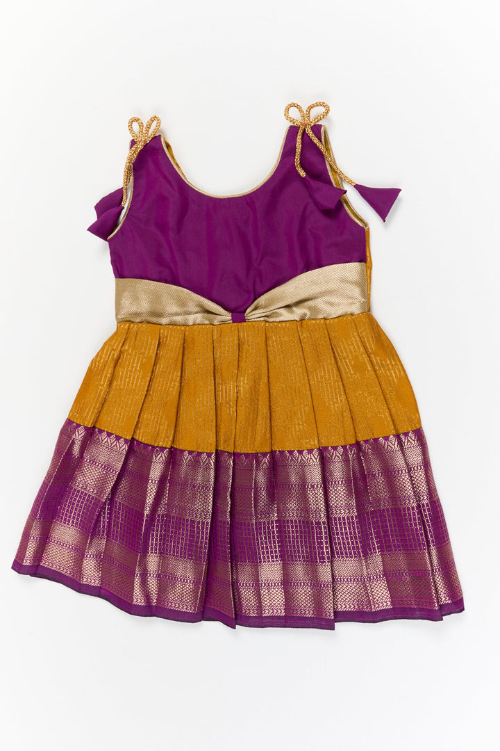 The Nesavu Girls Kanchi Silk Frock Girls Kanchi Silk Frock for Temple Festivals and Weddings Nesavu 14 (6M) / Gold / Style 3 KSF031BC-14 Nesavu girls kanchi silk frock for temple festivals in semi temple wear kanchivaram silk design