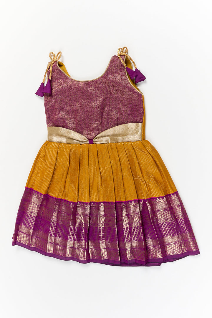 The Nesavu Girls Kanchi Silk Frock Girls Kanchi Silk Frock for Temple Festivals and Weddings Nesavu 18 (2Y) / Gold / Style 1 KSF031BA-18 Nesavu girls kanchi silk frock for temple festivals in semi temple wear kanchivaram silk design