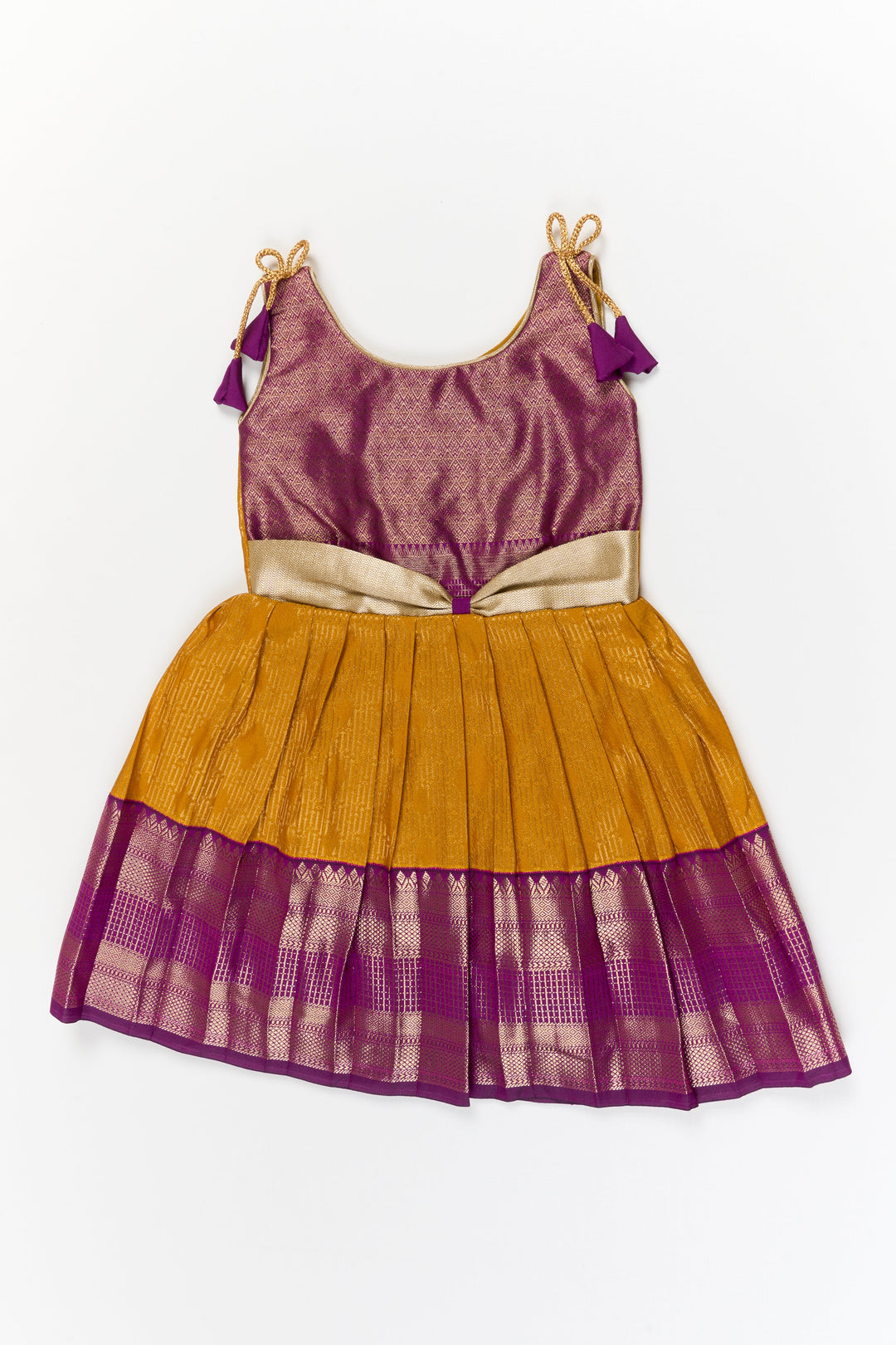 The Nesavu Girls Kanchi Silk Frock Girls Kanchi Silk Frock for Temple Festivals and Weddings Nesavu 18 (2Y) / Gold / Style 2 KSF031BB-18 Nesavu girls kanchi silk frock for temple festivals in semi temple wear kanchivaram silk design