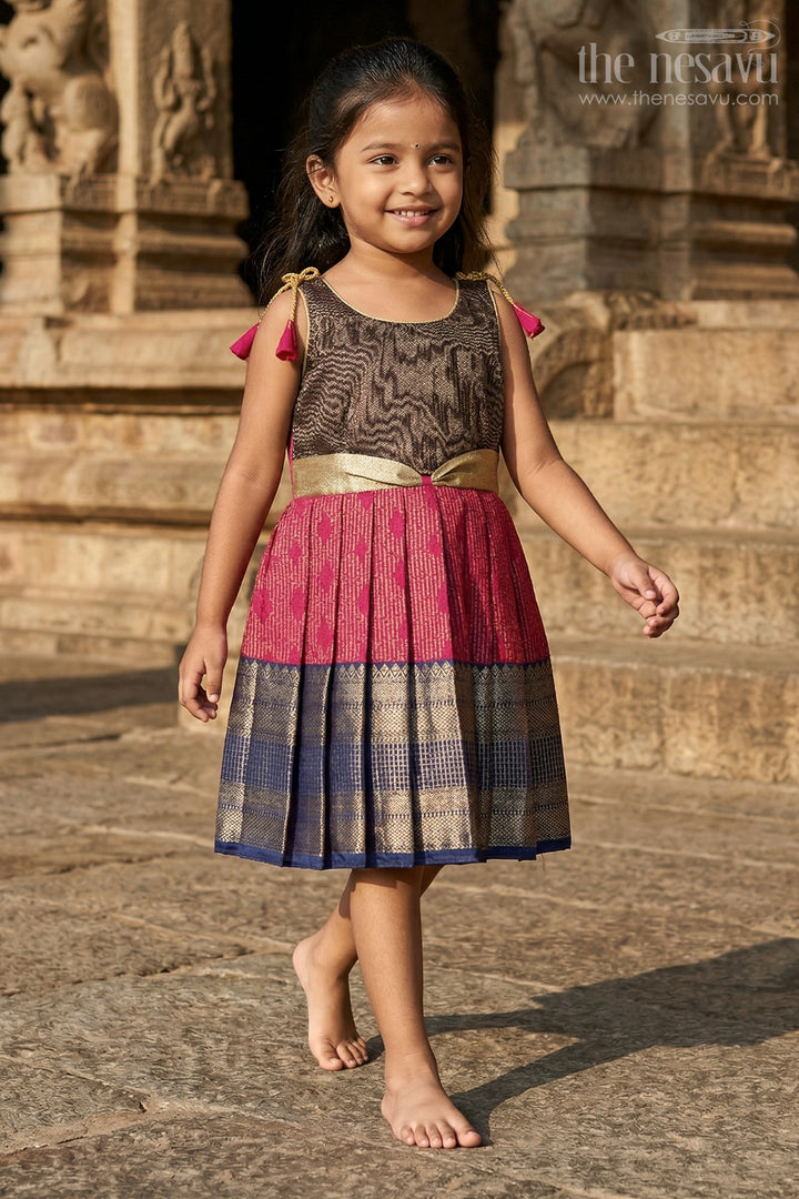 The Nesavu Girls Kanchi Silk Frock Girls Kanchi Silk Frock for Temple Functions and Festivals Nesavu Nesavu girls kanchi silk frock for temple functions in semi temple wear kanchivaram silk design