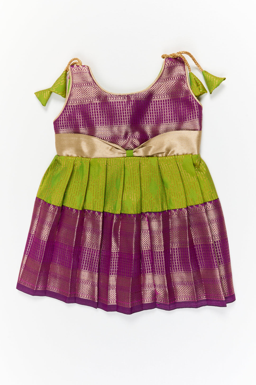 The Nesavu Girls Kanchi Silk Frock Girls Kanchi Silk Frock for Temple Functions and Festive Events Nesavu 10 (NB) / Green / Style 4 KSF031CD-10 Nesavu girls silk frock for temple functions in semi temple wear kanchivaram silk design