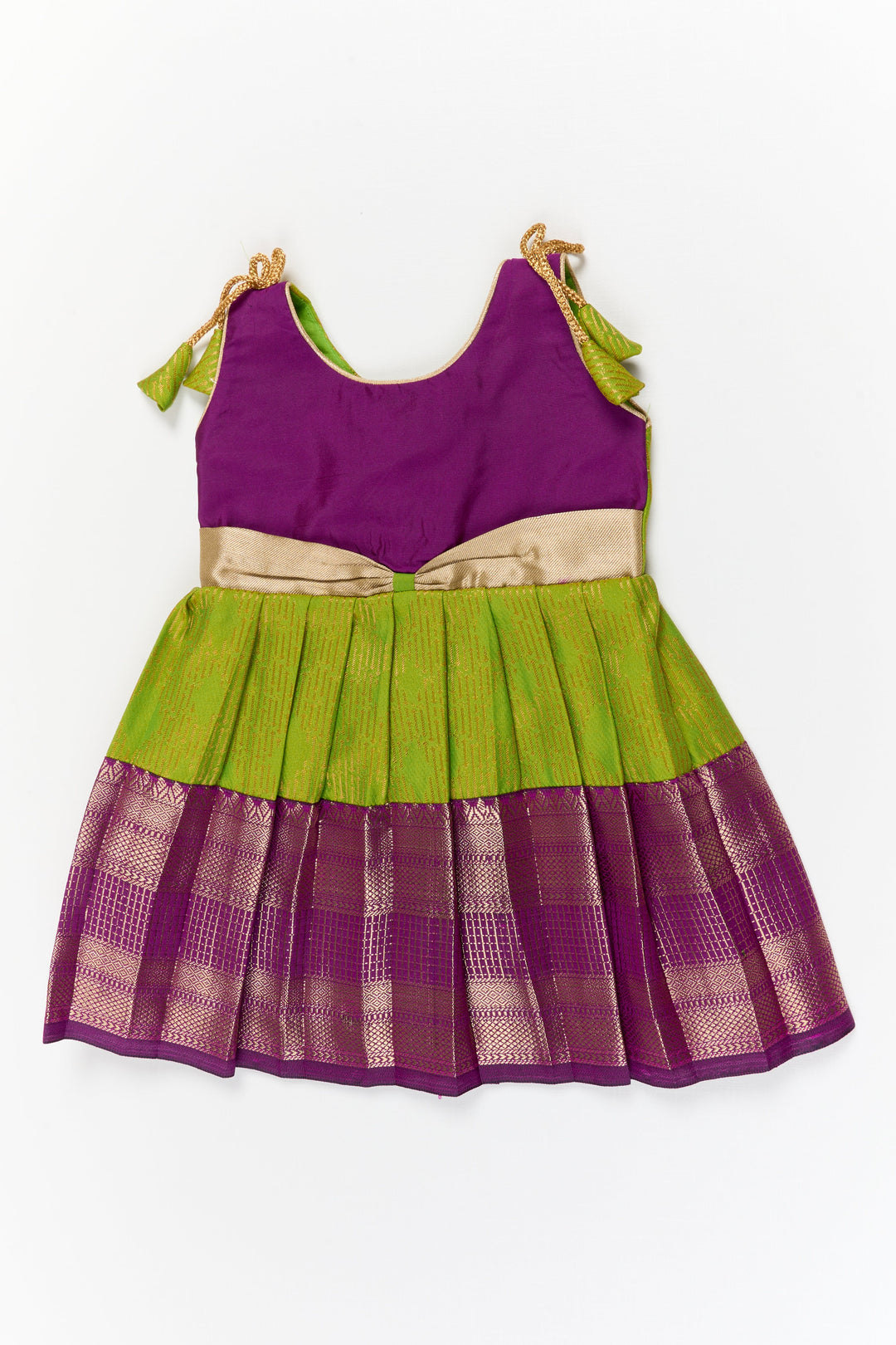 The Nesavu Girls Kanchi Silk Frock Girls Kanchi Silk Frock for Temple Functions and Festive Events Nesavu 14 (6M) / Green / Style 3 KSF031CC-14 Nesavu girls silk frock for temple functions in semi temple wear kanchivaram silk design