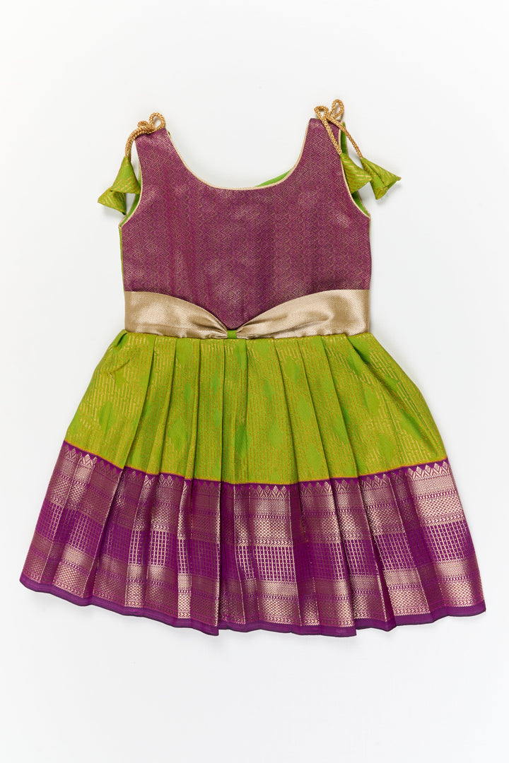 The Nesavu Girls Kanchi Silk Frock Girls Kanchi Silk Frock for Temple Functions and Festive Events Nesavu 18 (2Y) / Green / Style 1 KSF031CA-18 Nesavu girls silk frock for temple functions in semi temple wear kanchivaram silk design