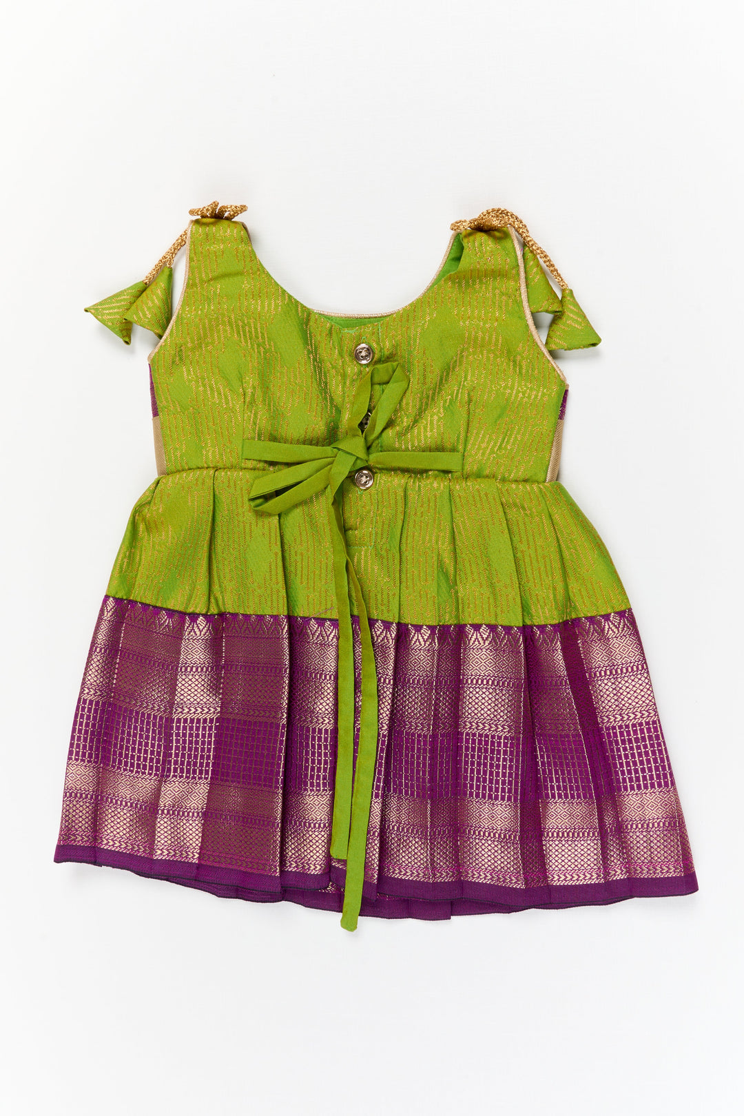 The Nesavu Girls Kanchi Silk Frock Girls Kanchi Silk Frock for Temple Functions and Festive Events Nesavu Nesavu girls silk frock for temple functions in semi temple wear kanchivaram silk design