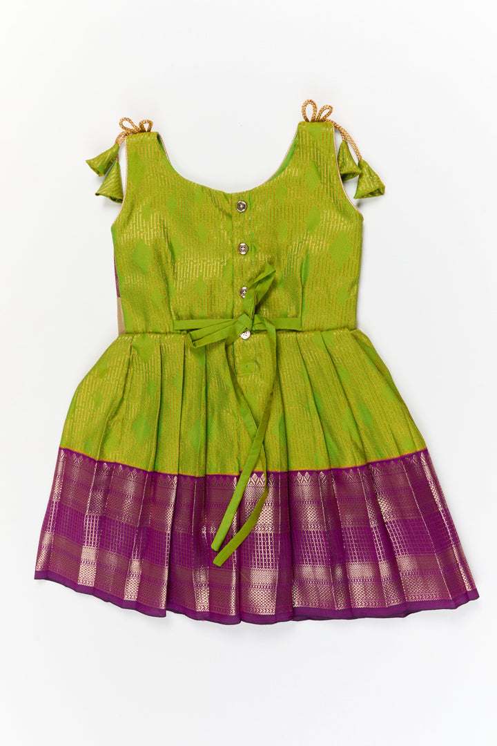 The Nesavu Girls Kanchi Silk Frock Girls Kanchi Silk Frock for Temple Functions and Festive Events Nesavu Nesavu girls silk frock for temple functions in semi temple wear kanchivaram silk design