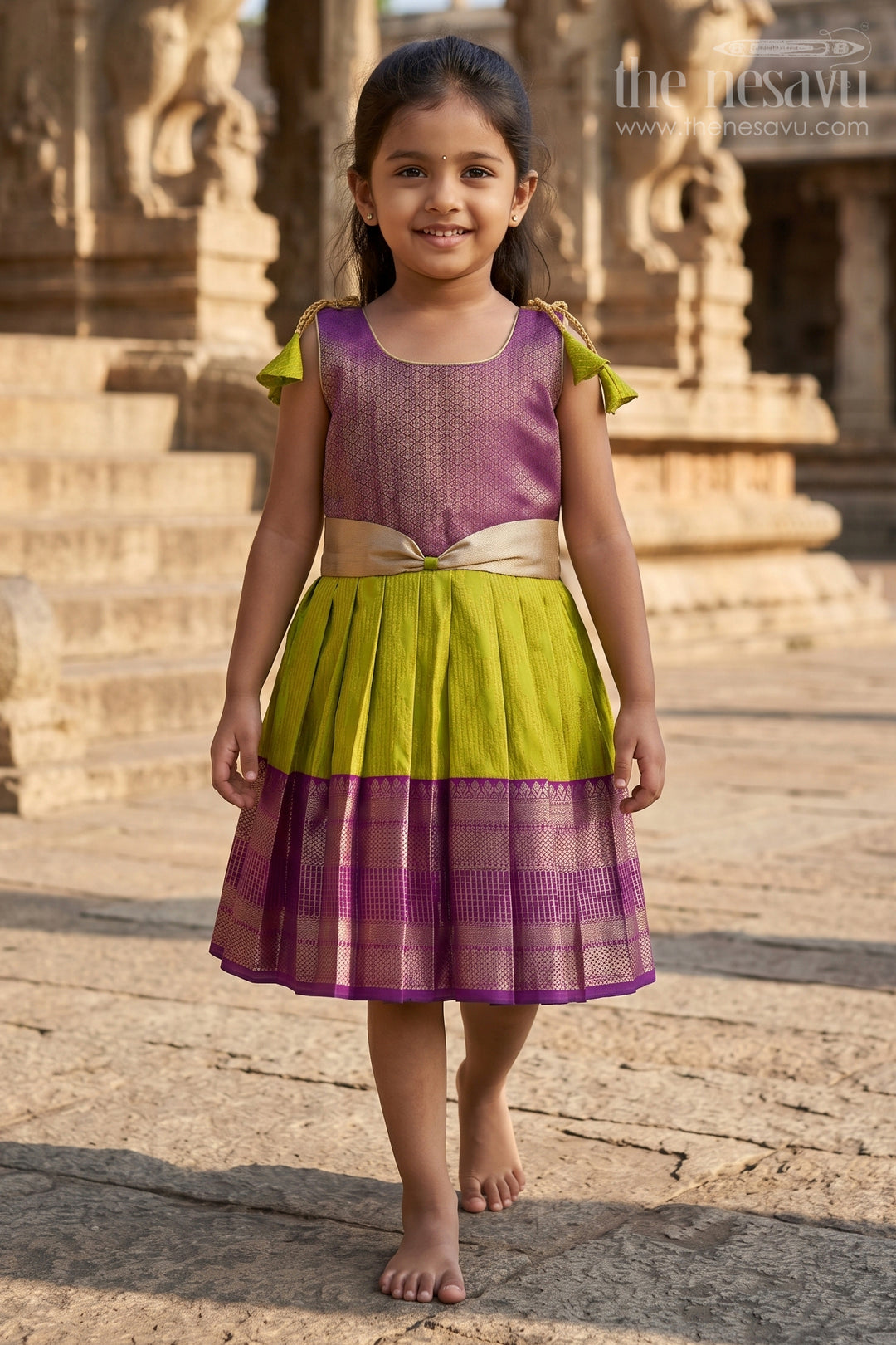 The Nesavu Girls Kanchi Silk Frock Girls Kanchi Silk Frock for Temple Functions and Festive Events Nesavu Nesavu girls silk frock for temple functions in semi temple wear kanchivaram silk design
