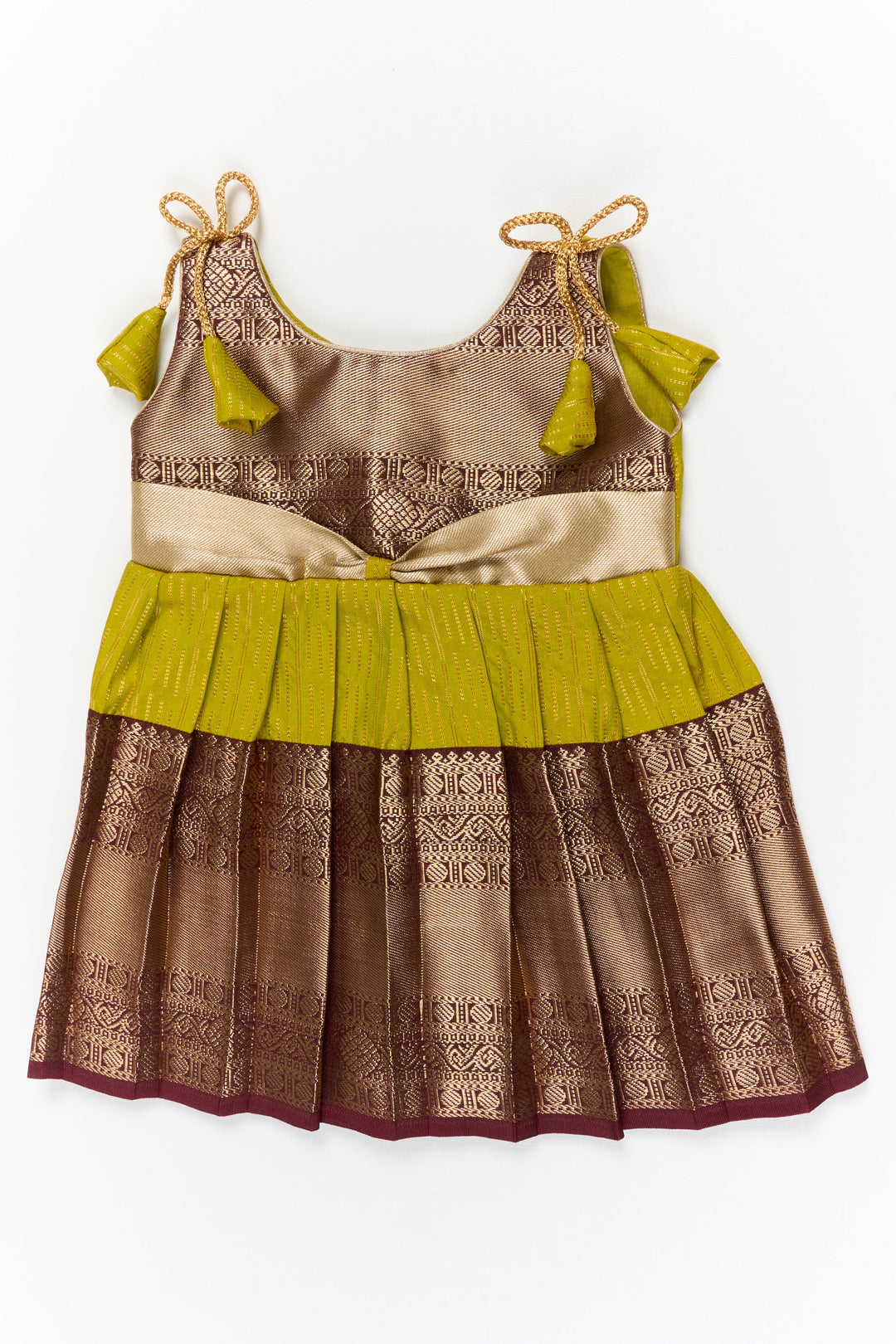 The Nesavu Girls Kanchi Silk Frock Girls Kanchi Silk Frock for Temple Visits and Festive Events Nesavu 10 (NB) / Green / Style 4 KSF020AD-10 Nesavu girls kanchi silk frock for temple visits in semi jacquard kanchivaram silk design