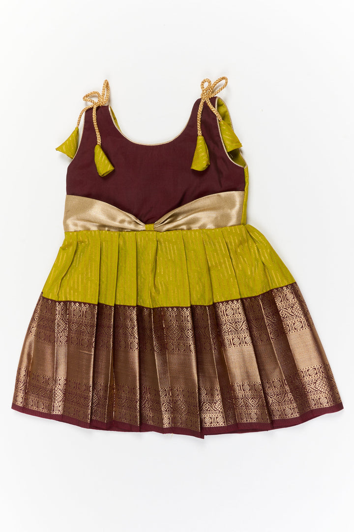 The Nesavu Girls Kanchi Silk Frock Girls Kanchi Silk Frock for Temple Visits and Festive Events Nesavu 14 (6M) / Green / Style 3 KSF020AC-14 Nesavu girls kanchi silk frock for temple visits in semi jacquard kanchivaram silk design