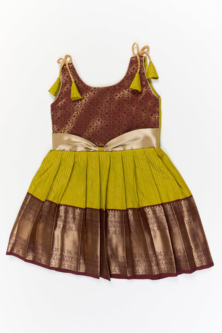 The Nesavu Girls Kanchi Silk Frock Girls Kanchi Silk Frock for Temple Visits and Festive Events Nesavu 18 (2Y) / Green / Style 1 KSF020AA-18 Nesavu girls kanchi silk frock for temple visits in semi jacquard kanchivaram silk design