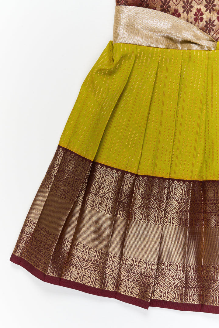 The Nesavu Girls Kanchi Silk Frock Girls Kanchi Silk Frock for Temple Visits and Festive Events Nesavu Nesavu girls kanchi silk frock for temple visits in semi jacquard kanchivaram silk design