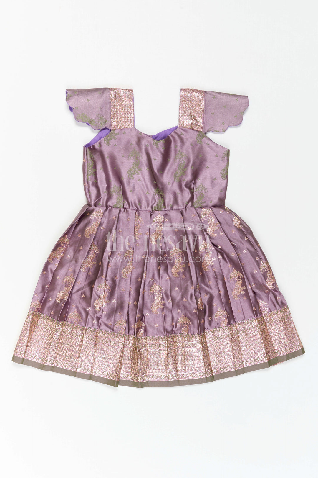 The Nesavu Girls Kanchi Silk Frock Girls Kanchi Silk Frock for Wedding Ceremonies and Festive Portraits Nesavu 18 (2Y) / Purple / Style 2 KSF047AB-18 Nesavu Girls Kanchi Silk Frock With Grand Traditional Border For Weddings And Festive Portraits