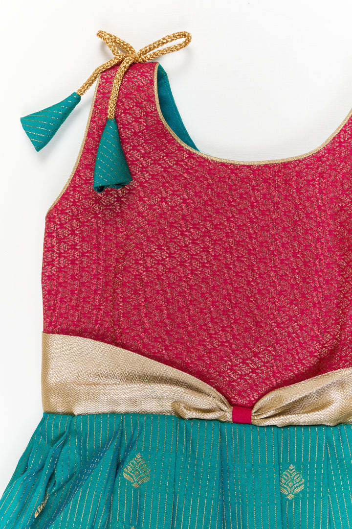 The Nesavu Girls Kanchi Silk Frock Girls Kanchi Silk Frock for Wedding Functions and Festivals Nesavu Nesavu girls kanchi silk frock for weddings in semi designer bridal kanchivaram style