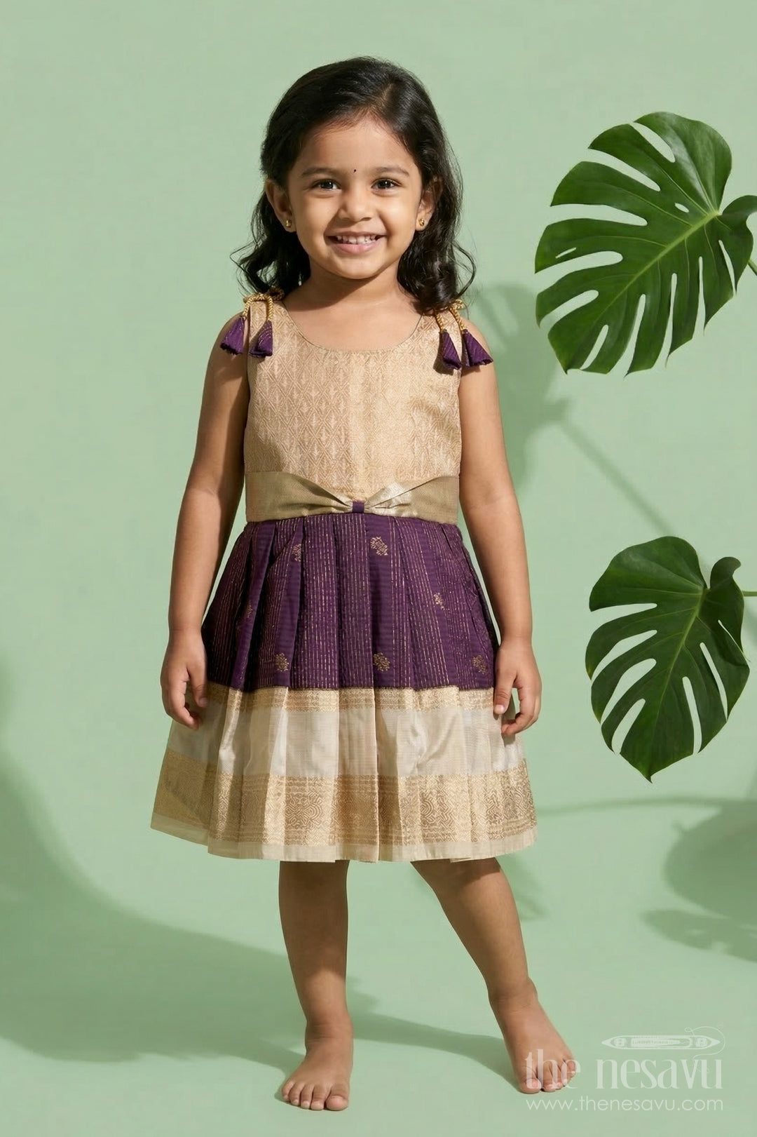 The Nesavu Girls Kanchi Silk Frock Girls Kanchi Silk Frock for Wedding Receptions and Festivals Nesavu 10 (NB) / Purple / Style 4 KSF019AD-10 Nesavu girls kanchi silk frock for wedding receptions in semi bridal kanchivaram silk style