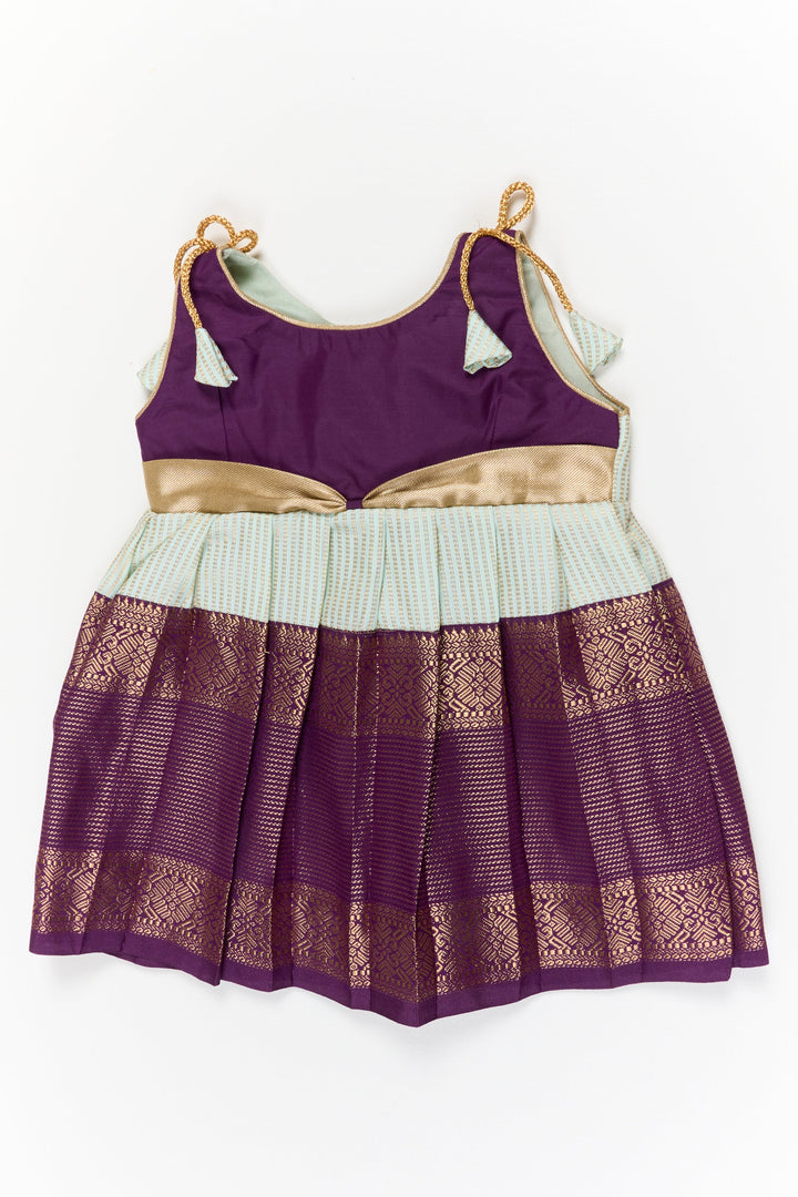 The Nesavu Girls Kanchi Silk Frock Girls Kanchi Silk Frock for Weddings and Cultural Celebrations Nesavu 10 (NB) / Blue / Style 3 KSF021AC-10 Nesavu girls kanchi silk frock for weddings in semi jacquard kanchivaram saree inspired design