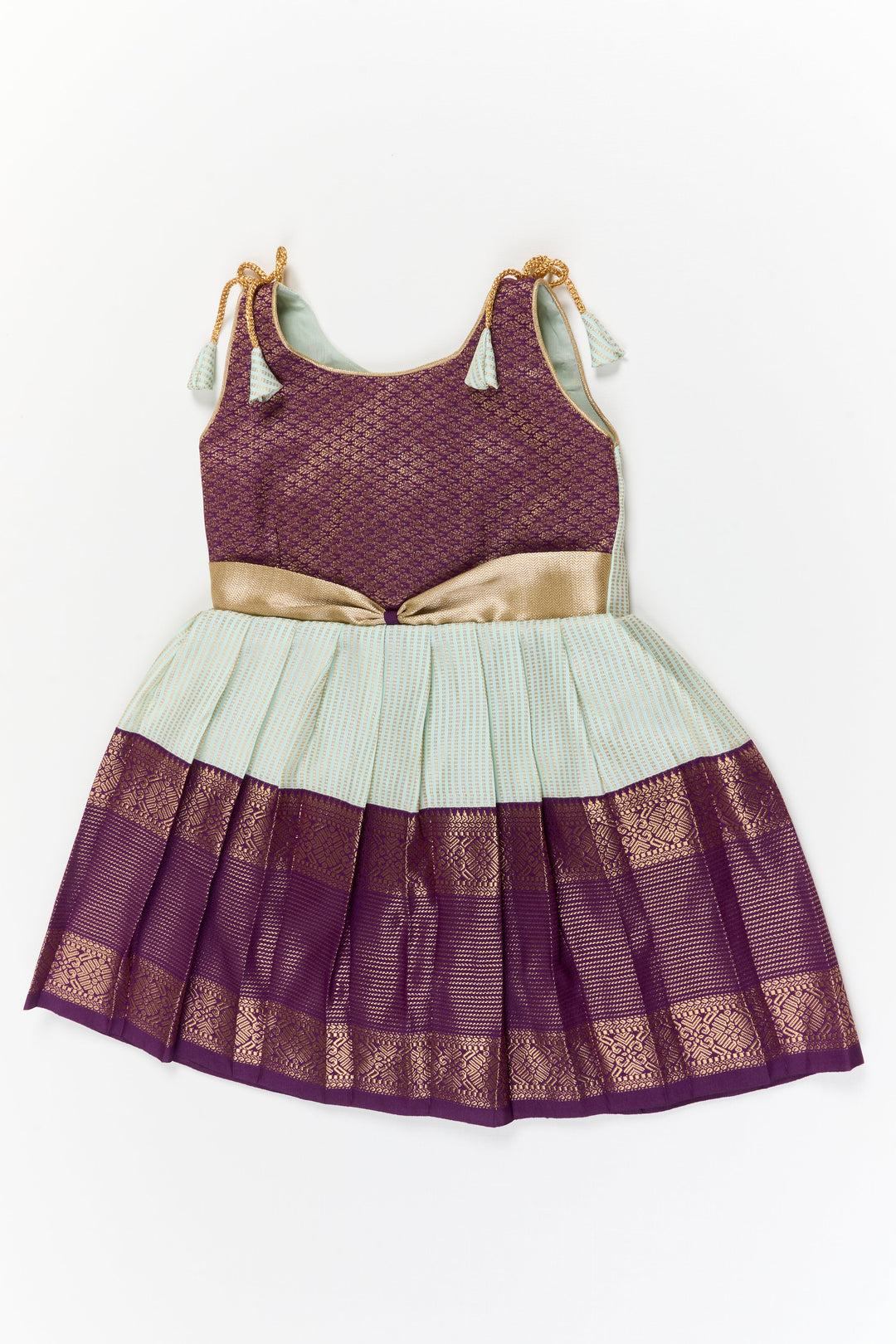 The Nesavu Girls Kanchi Silk Frock Girls Kanchi Silk Frock for Weddings and Cultural Celebrations Nesavu 18 (2Y) / Blue / Style 1 KSF021AA-18 Nesavu girls kanchi silk frock for weddings in semi jacquard kanchivaram saree inspired design