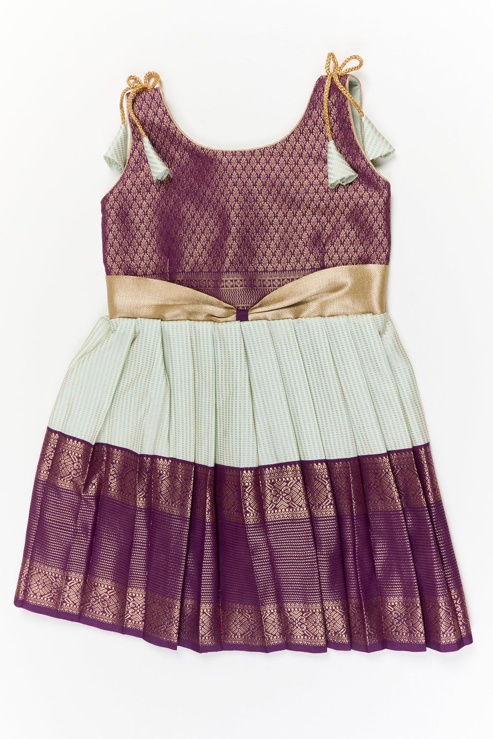 The Nesavu Girls Kanchi Silk Frock Girls Kanchi Silk Frock for Weddings and Cultural Celebrations Nesavu 20 (3Y) / Blue / Style 2 KSF021AB-20 Nesavu girls kanchi silk frock for weddings in semi jacquard kanchivaram saree inspired design