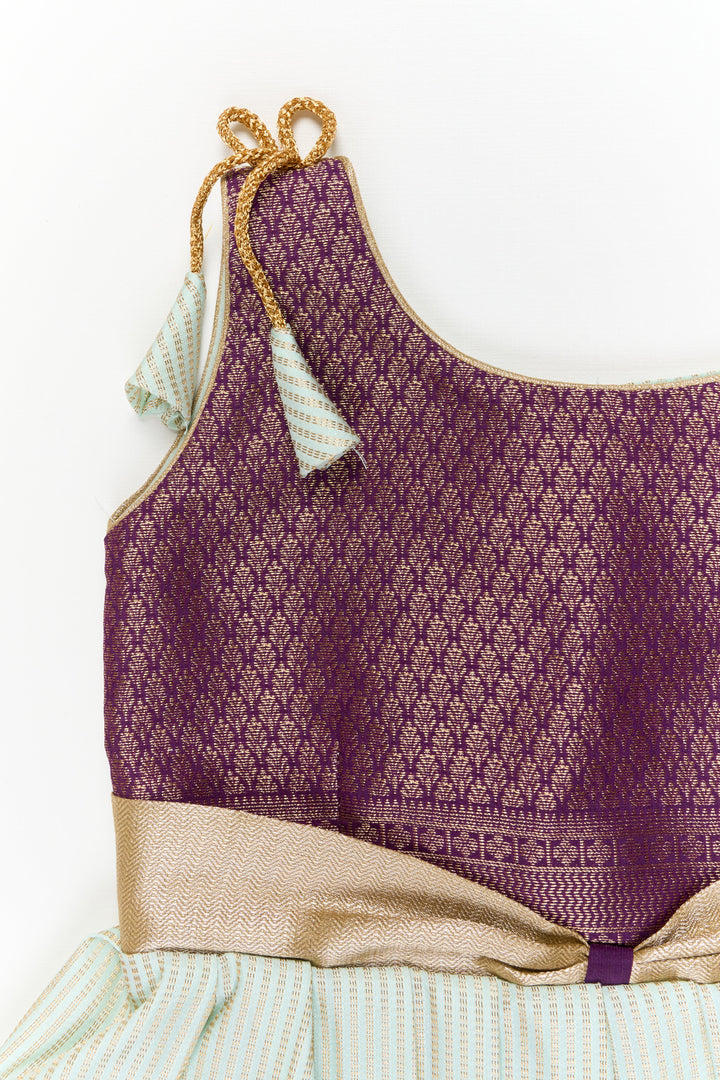 The Nesavu Girls Kanchi Silk Frock Girls Kanchi Silk Frock for Weddings and Cultural Celebrations Nesavu Nesavu girls kanchi silk frock for weddings in semi jacquard kanchivaram saree inspired design