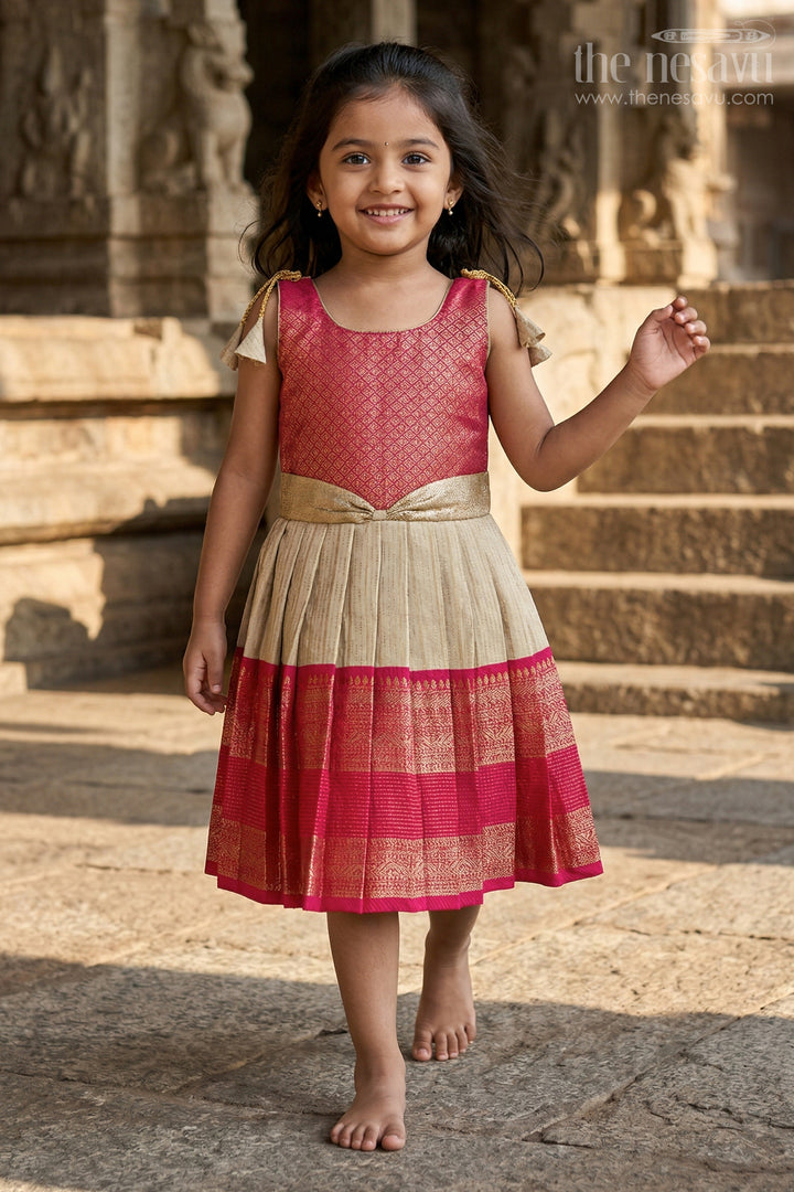 The Nesavu Girls Kanchi Silk Frock Girls Kanchi Silk Frock for Weddings and Festive Functions Nesavu 10 (NB) / Gold / Style 4 KSF023AD-10 Nesavu girls kanchi frock for weddings in semi designer kanchivaram silk inspired collection