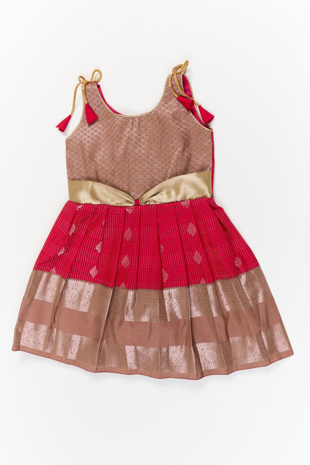 The Nesavu Girls Kanchi Silk Frock Girls Kanchi Silk Frock for Weddings and Festive Gatherings Nesavu 18 (2Y) / Red / Style 1 KSF022BA-18 Nesavu girls kanchi silk frock for weddings in semi designer bridal kanchivaram silk style