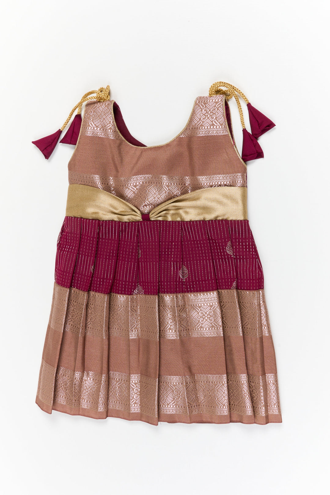 The Nesavu Girls Kanchi Silk Frock Girls Kanchi Silk Frock for Weddings and Festive Occasions Nesavu 10 (NB) / Maroon / Style 4 KSF022GD-10 Nesavu girls kanchi silk frock for weddings in semi bridal kanchivaram silk inspired design