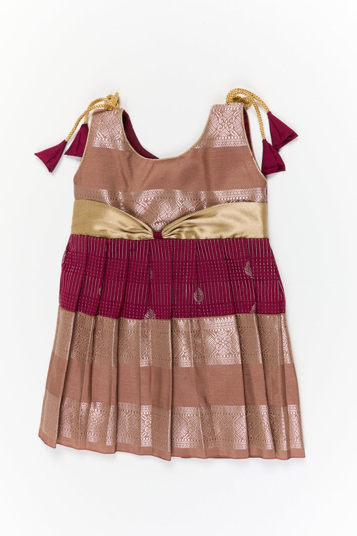 The Nesavu Girls Kanchi Silk Frock Girls Kanchi Silk Frock for Weddings and Festive Occasions Nesavu 10 (NB) / Maroon / Style 4 KSF022GD-10 Nesavu girls kanchi silk frock for weddings in semi bridal kanchivaram silk inspired design