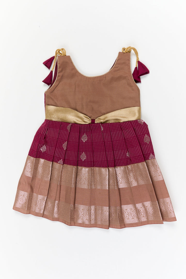 The Nesavu Girls Kanchi Silk Frock Girls Kanchi Silk Frock for Weddings and Festive Occasions Nesavu 14 (6M) / Maroon / Style 3 KSF022GC-14 Nesavu girls kanchi silk frock for weddings in semi bridal kanchivaram silk inspired design