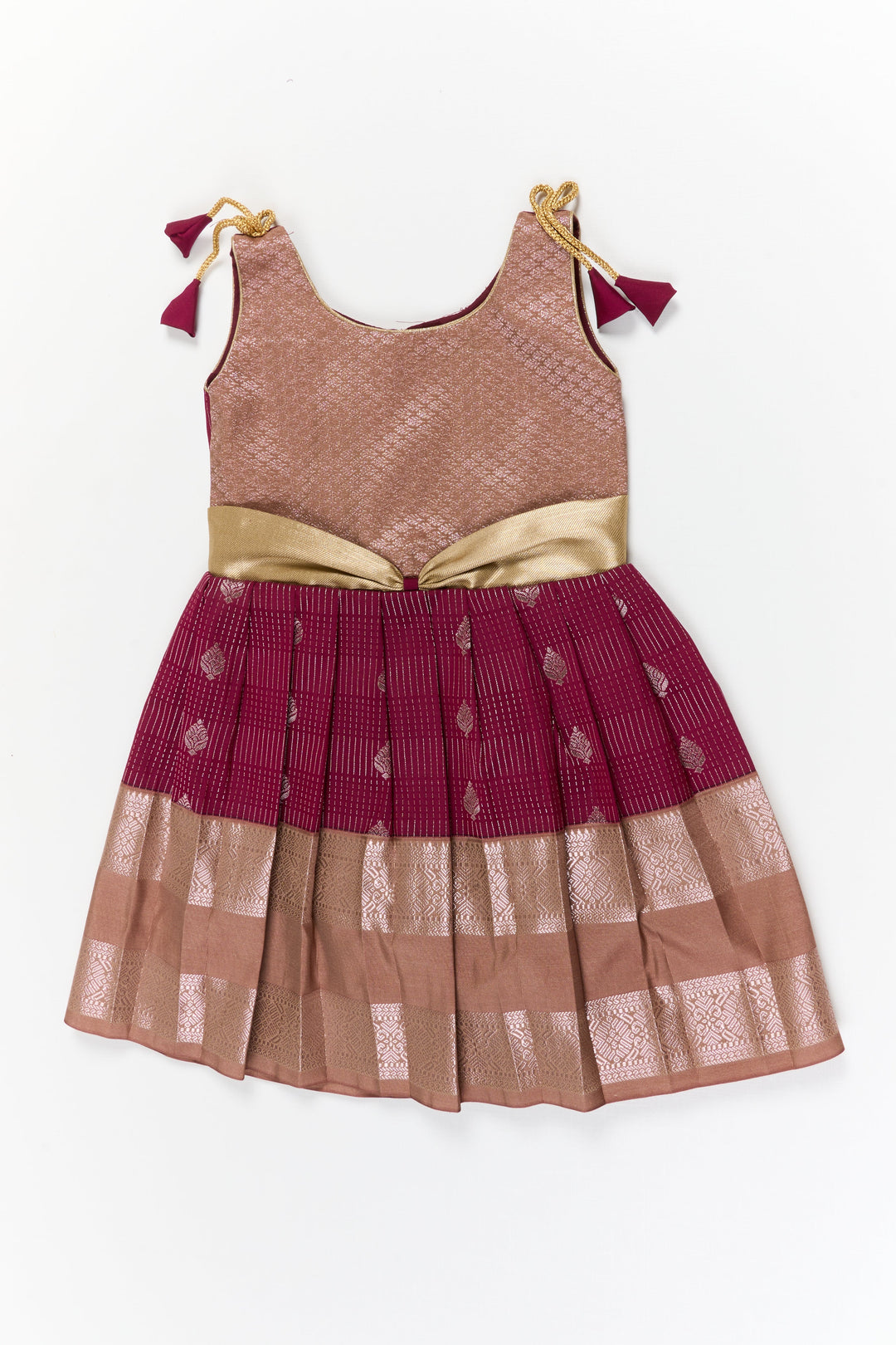 The Nesavu Girls Kanchi Silk Frock Girls Kanchi Silk Frock for Weddings and Festive Occasions Nesavu 18 (2Y) / Maroon / Style 1 KSF022GA-18 Nesavu girls kanchi silk frock for weddings in semi bridal kanchivaram silk inspired design