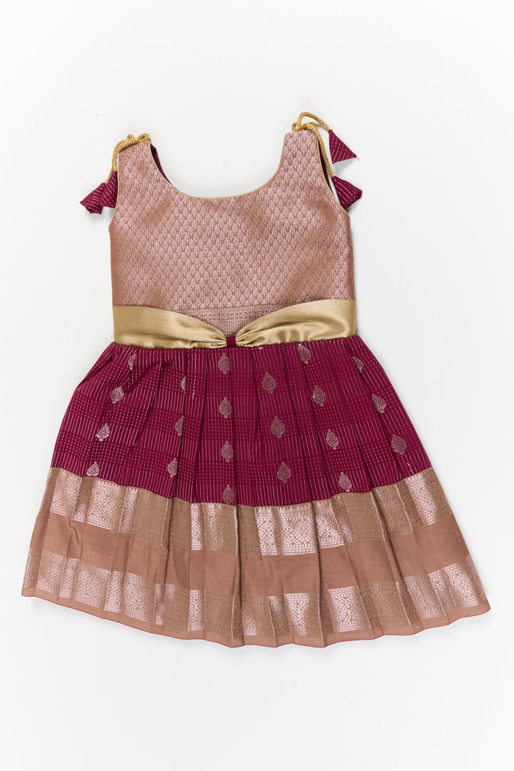 The Nesavu Girls Kanchi Silk Frock Girls Kanchi Silk Frock for Weddings and Festive Occasions Nesavu 20 (3Y) / Maroon / Style 2 KSF022GB-20 Nesavu girls kanchi silk frock for weddings in semi bridal kanchivaram silk inspired design