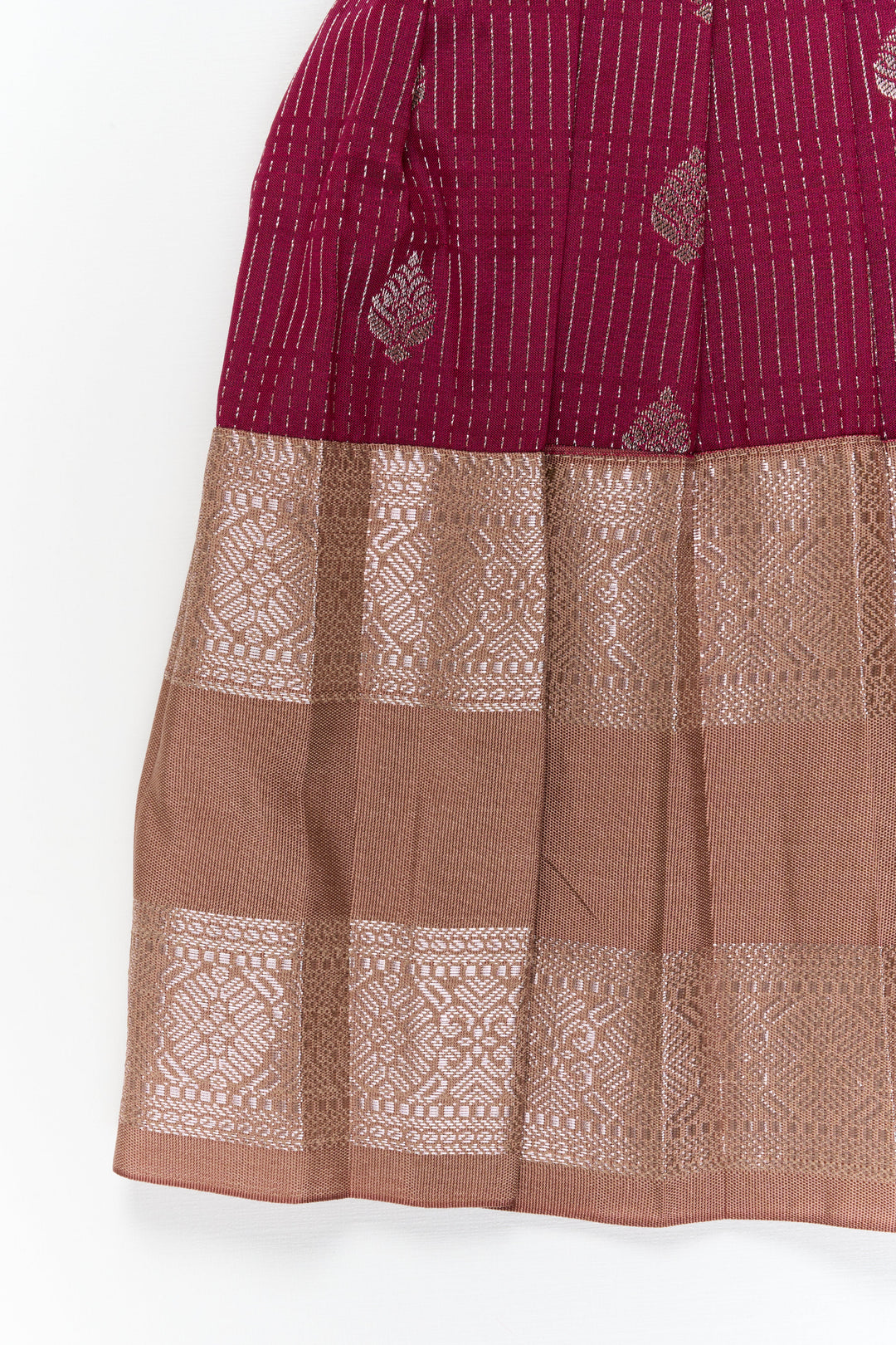 The Nesavu Girls Kanchi Silk Frock Girls Kanchi Silk Frock for Weddings and Festive Occasions Nesavu Nesavu girls kanchi silk frock for weddings in semi bridal kanchivaram silk inspired design