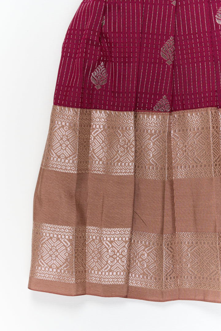 The Nesavu Girls Kanchi Silk Frock Girls Kanchi Silk Frock for Weddings and Festive Occasions Nesavu Nesavu girls kanchi silk frock for weddings in semi bridal kanchivaram silk inspired design