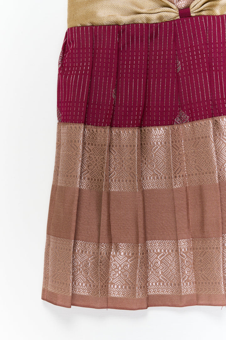 The Nesavu Girls Kanchi Silk Frock Girls Kanchi Silk Frock for Weddings and Festive Occasions Nesavu Nesavu girls kanchi silk frock for weddings in semi bridal kanchivaram silk inspired design