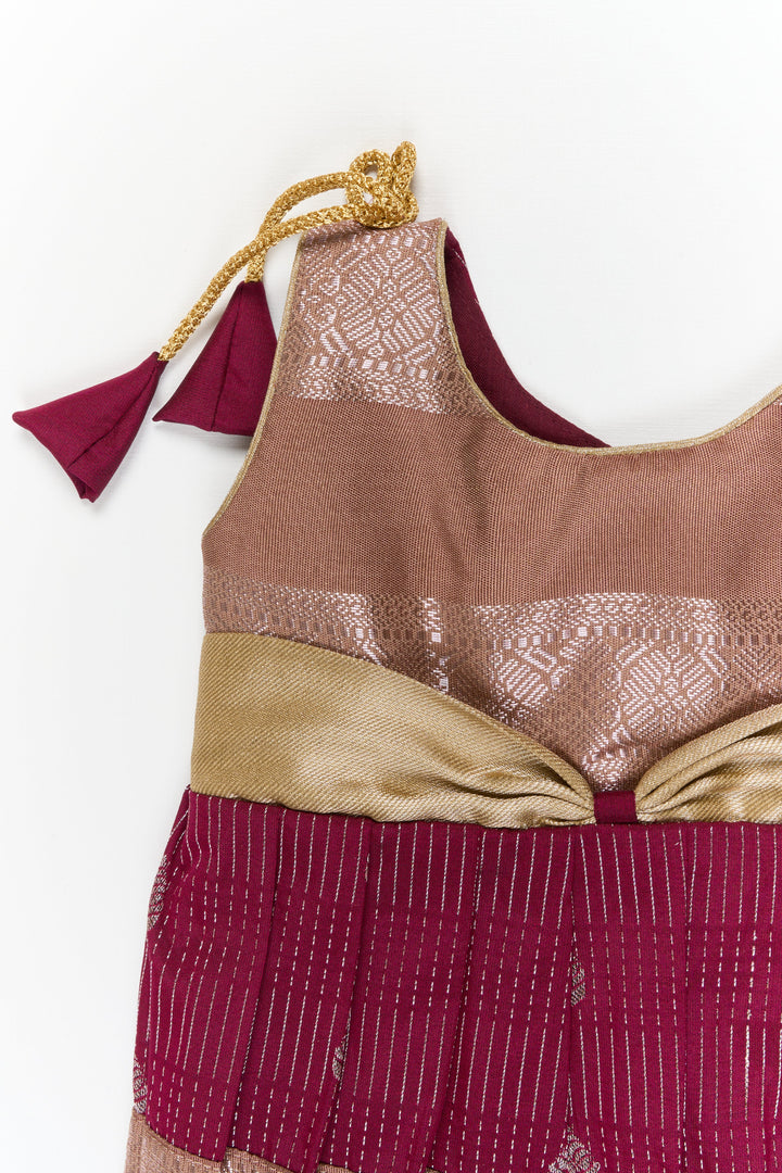 The Nesavu Girls Kanchi Silk Frock Girls Kanchi Silk Frock for Weddings and Festive Occasions Nesavu Nesavu girls kanchi silk frock for weddings in semi bridal kanchivaram silk inspired design