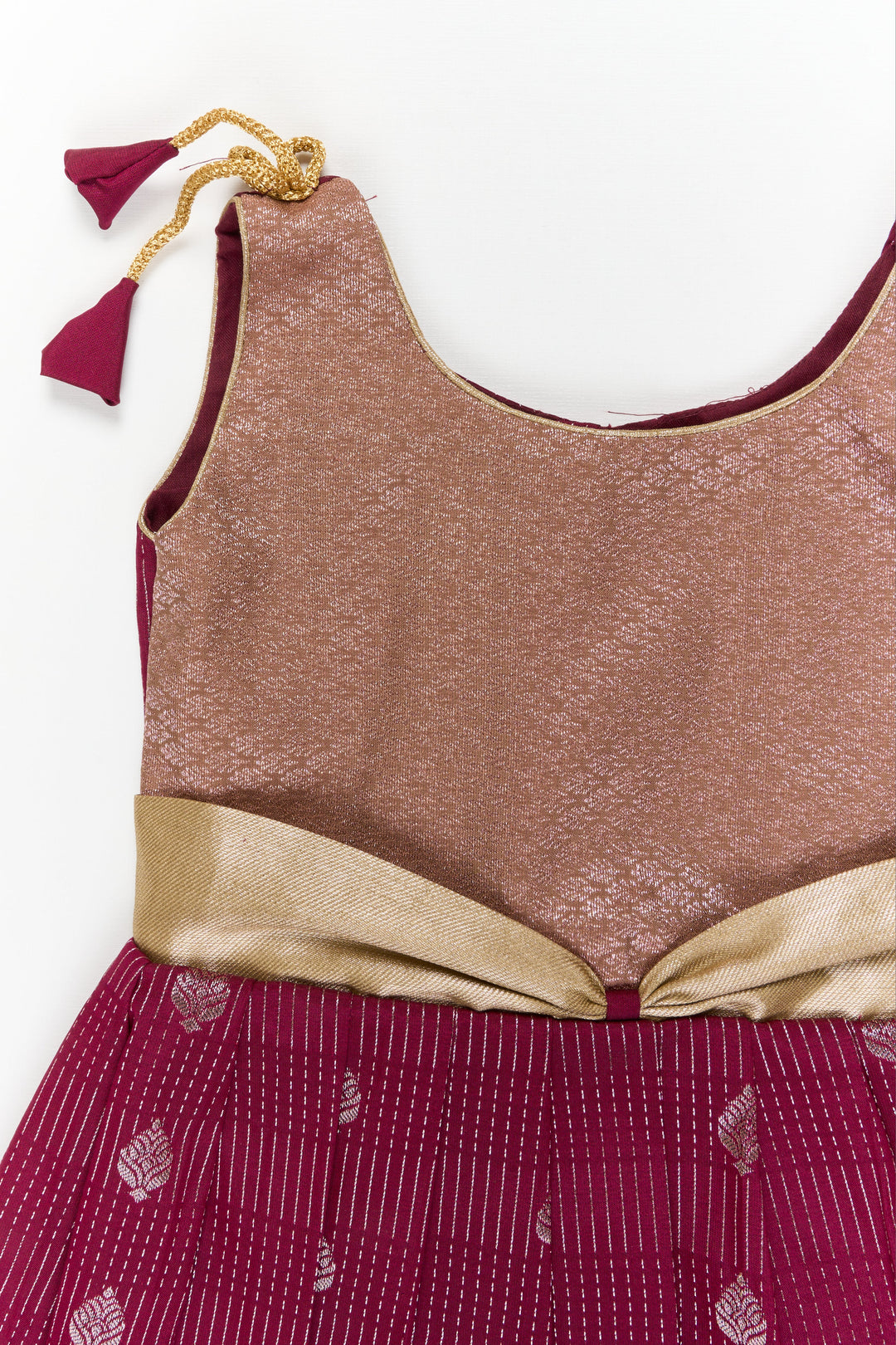 The Nesavu Girls Kanchi Silk Frock Girls Kanchi Silk Frock for Weddings and Festive Occasions Nesavu Nesavu girls kanchi silk frock for weddings in semi bridal kanchivaram silk inspired design