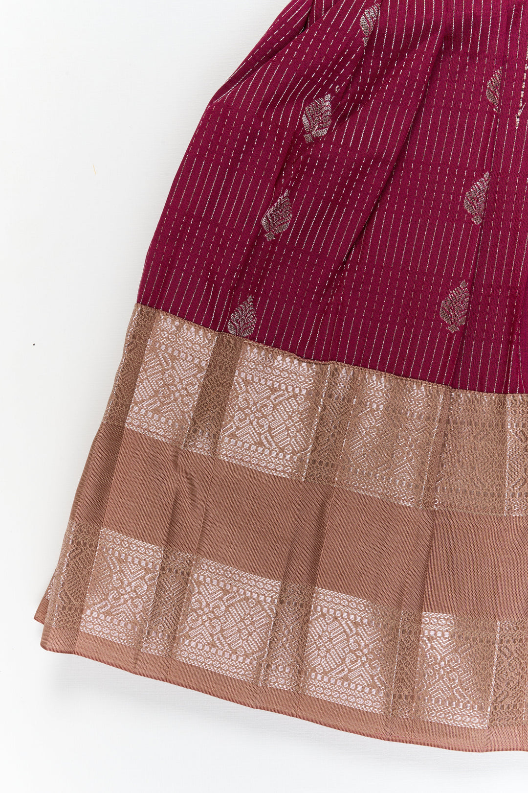 The Nesavu Girls Kanchi Silk Frock Girls Kanchi Silk Frock for Weddings and Festive Occasions Nesavu Nesavu girls kanchi silk frock for weddings in semi bridal kanchivaram silk inspired design