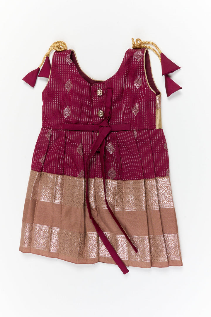 The Nesavu Girls Kanchi Silk Frock Girls Kanchi Silk Frock for Weddings and Festive Occasions Nesavu Nesavu girls kanchi silk frock for weddings in semi bridal kanchivaram silk inspired design