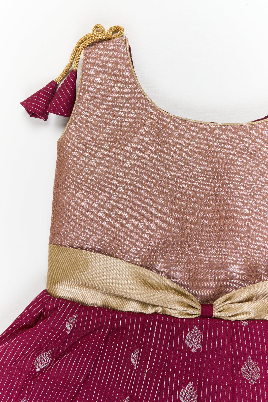 The Nesavu Girls Kanchi Silk Frock Girls Kanchi Silk Frock for Weddings and Festive Occasions Nesavu Nesavu girls kanchi silk frock for weddings in semi bridal kanchivaram silk inspired design