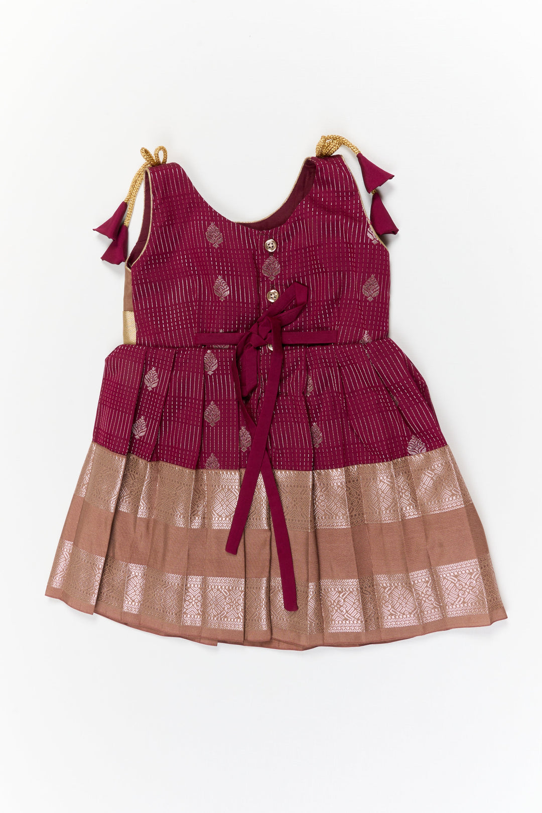 The Nesavu Girls Kanchi Silk Frock Girls Kanchi Silk Frock for Weddings and Festive Occasions Nesavu Nesavu girls kanchi silk frock for weddings in semi bridal kanchivaram silk inspired design