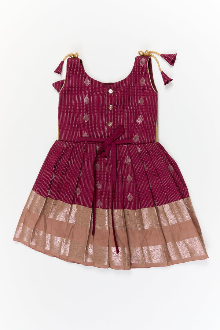 The Nesavu Girls Kanchi Silk Frock Girls Kanchi Silk Frock for Weddings and Festive Occasions Nesavu Nesavu girls kanchi silk frock for weddings in semi bridal kanchivaram silk inspired design