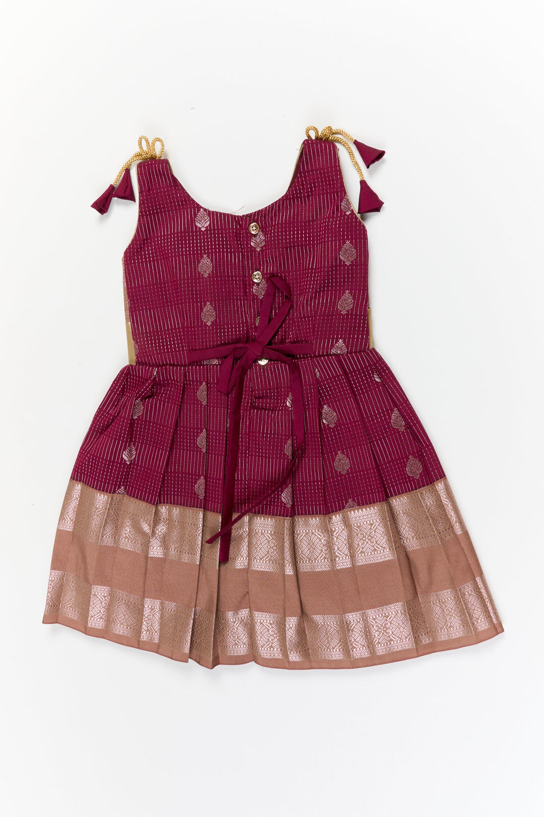 The Nesavu Girls Kanchi Silk Frock Girls Kanchi Silk Frock for Weddings and Festive Occasions Nesavu Nesavu girls kanchi silk frock for weddings in semi bridal kanchivaram silk inspired design