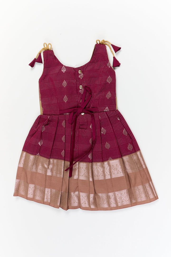 The Nesavu Girls Kanchi Silk Frock Girls Kanchi Silk Frock for Weddings and Festive Occasions Nesavu Nesavu girls kanchi silk frock for weddings in semi bridal kanchivaram silk inspired design