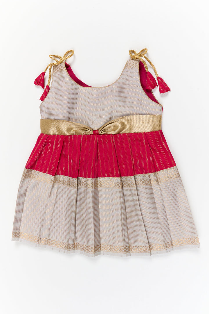 The Nesavu Girls Kanchi Silk Frock Girls Kanchi Silk Frock for Weddings and Temple Ceremonies Nesavu 10 (NB) / Red / Style  5 KSF024AE-10 Nesavu girls kanchi silk frock for weddings in semi arani pure silk saree inspired design