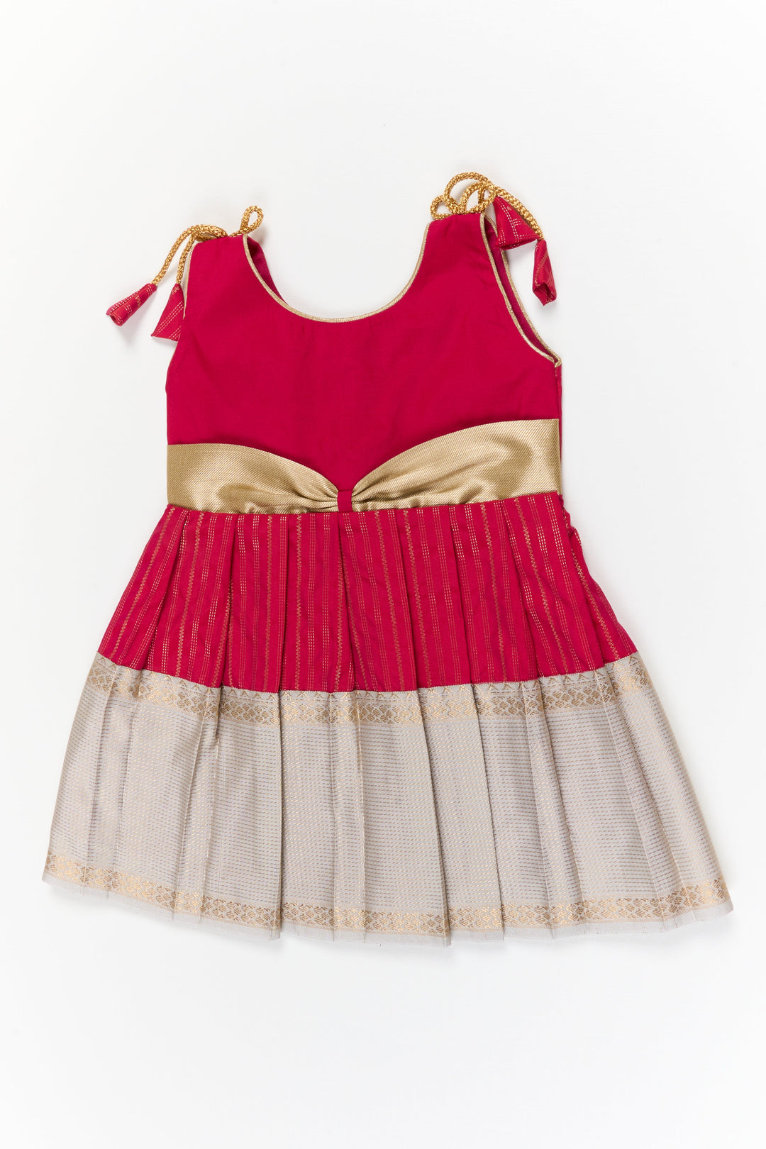 The Nesavu Girls Kanchi Silk Frock Girls Kanchi Silk Frock for Weddings and Temple Ceremonies Nesavu 14 (6M) / Red / Style 3 KSF024AC-14 Nesavu girls kanchi silk frock for weddings in semi arani pure silk saree inspired design