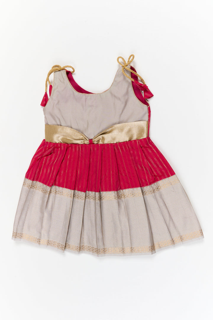 The Nesavu Girls Kanchi Silk Frock Girls Kanchi Silk Frock for Weddings and Temple Ceremonies Nesavu 14 (6M) / Red / Style 4 KSF024AD-14 Nesavu girls kanchi silk frock for weddings in semi arani pure silk saree inspired design