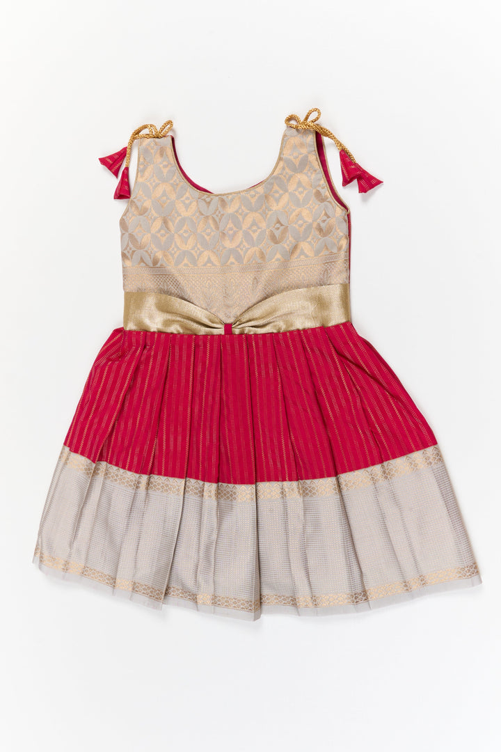 The Nesavu Girls Kanchi Silk Frock Girls Kanchi Silk Frock for Weddings and Temple Ceremonies Nesavu 20 (3Y) / Red / Style 2 KSF024AB-20 Nesavu girls kanchi silk frock for weddings in semi arani pure silk saree inspired design