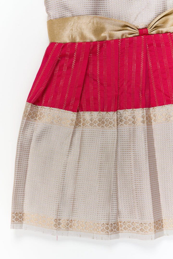 The Nesavu Girls Kanchi Silk Frock Girls Kanchi Silk Frock for Weddings and Temple Ceremonies Nesavu Nesavu girls kanchi silk frock for weddings in semi arani pure silk saree inspired design