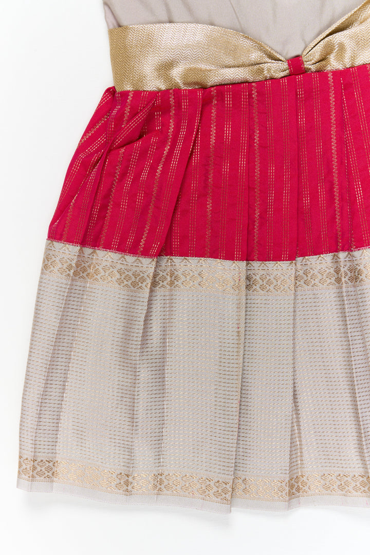 The Nesavu Girls Kanchi Silk Frock Girls Kanchi Silk Frock for Weddings and Temple Ceremonies Nesavu Nesavu girls kanchi silk frock for weddings in semi arani pure silk saree inspired design